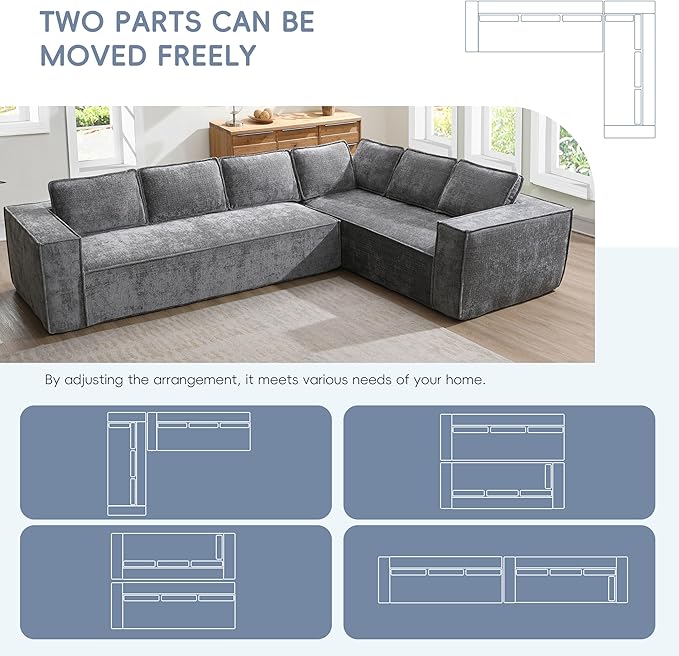129.5 Minimalist Style Modular Sectional Sofa 6 Seat Wrinkle-Resistant Chenille Couch Set 2 PC Free Combination Modern L-Shaped Cloud Sofa Set for Living Room (Gray-ER11)