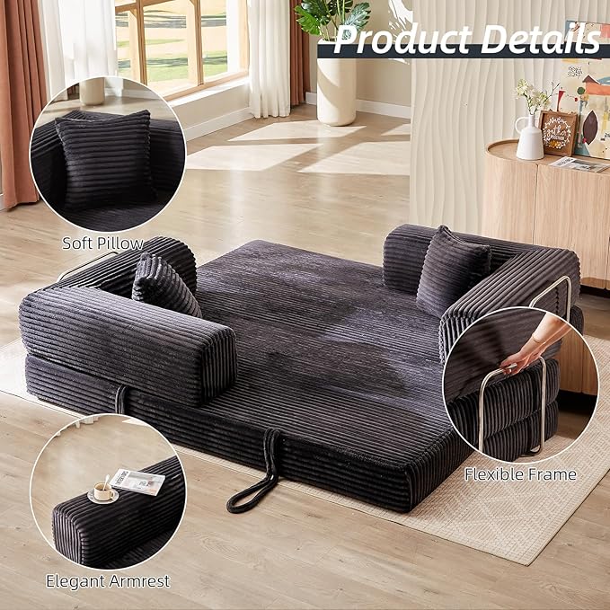4-in-1 Convertible Folding Sleeper Sofa Bed Plush Corduroy Foldable Mattress Couch with Fixed-Shape Frame Floor Compressed Sofa for Living Room Bedroom (Dark Grey)