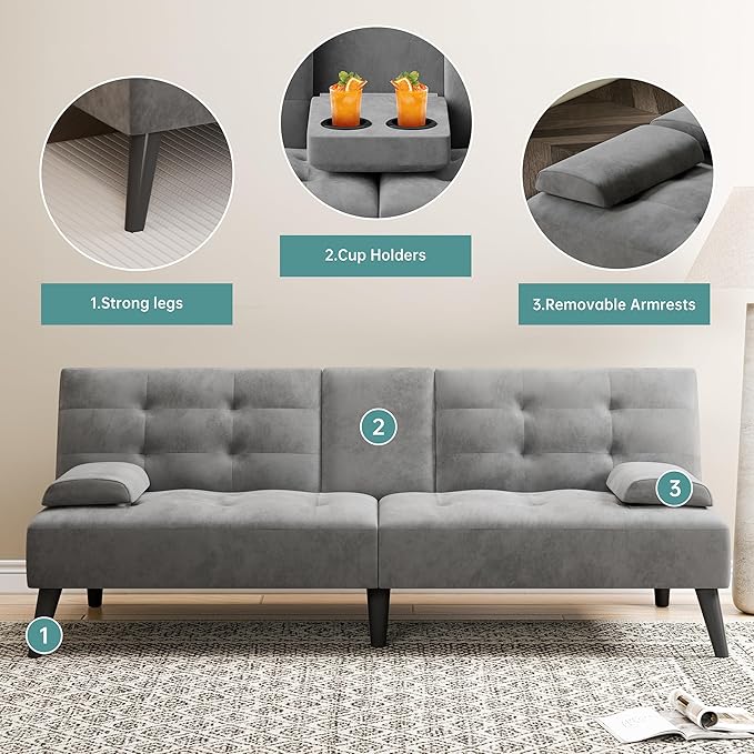 Meilocar 64 Futon Sofa Bed Convertible Loveseat with 2 Cup Holders Small Couch with 3 Adjustable Angles &amp Removable Armrest Sleeper Sofa for Apartment Office Dark Grey | small couch