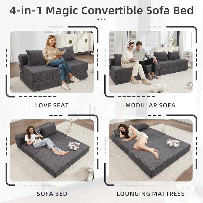 GNIXUU Fold Out Couch 3-in-1 Convertible Futon Sofa Bed with 2 Pillows Corduroy Foldable Floor Chair Boneless Loveseat Couches for Living Room Bedroom Small Spaces Gray