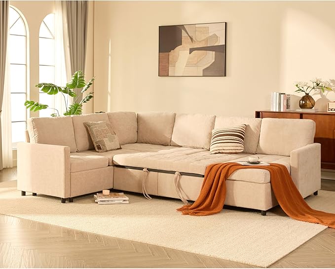 107 Sleeper Sofa Set of Modular Pieces with Pull Out Bed U Shaped Sectional Couch with Storage Extra Wide&ampDeep Seat Couches for Living Room Removable Sofa Cover Chenille-Flat White