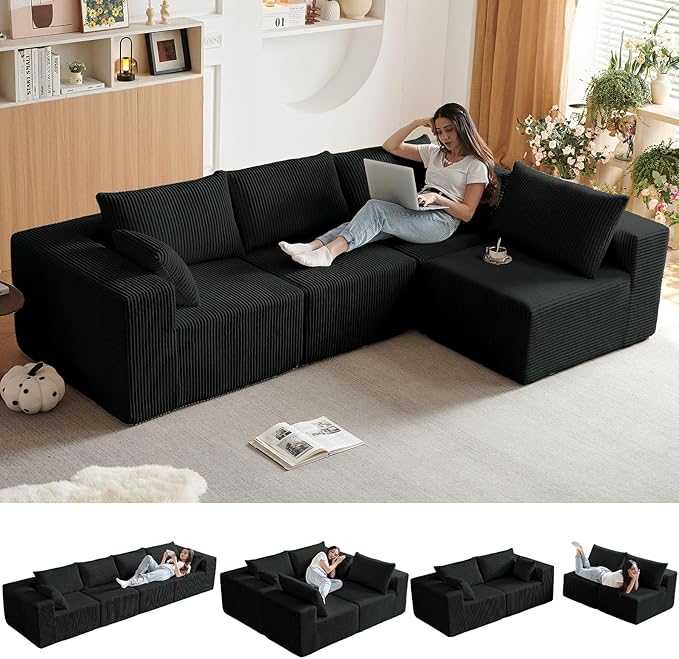 104 L-Shaped Corduroy Cloud Modular Sofa Modern 4-Seater Sectional Couch with 6 Pillows Deep Seat Upholstered Convertible Sofa Bed for Living Room No Assembly Required (Black)