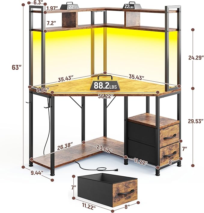 Corner Desk 35.4 W x 63 H Office Desk and Small Gaming Desk with Hutch &amp LED Lights Computer Desk with Drawers for Storage &amp Shelves and Hook for Small Space Rustic Brown