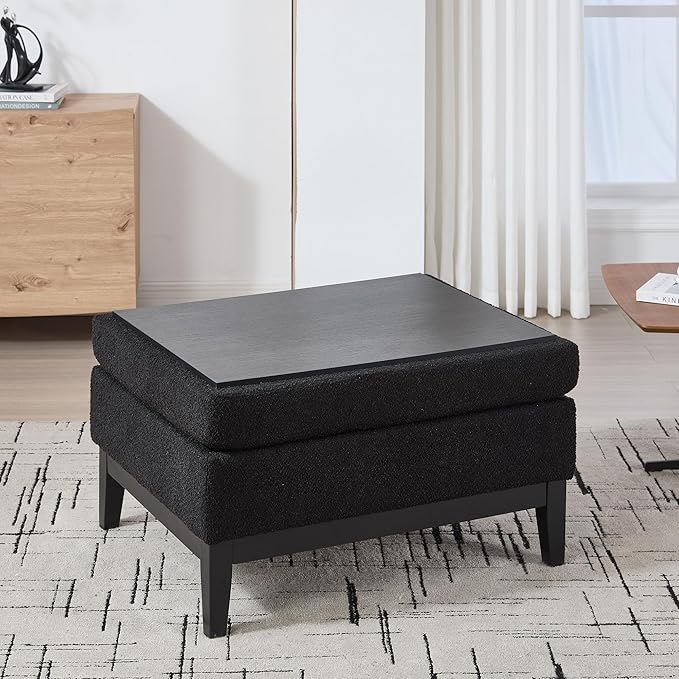 Wood Base Accent Arm Chair with Ottoman and Bolster PillowsStorage Footstool with Reversible Lid Coffee Table for Living Room Office (33.86W Black Foot Stool+Black Base)