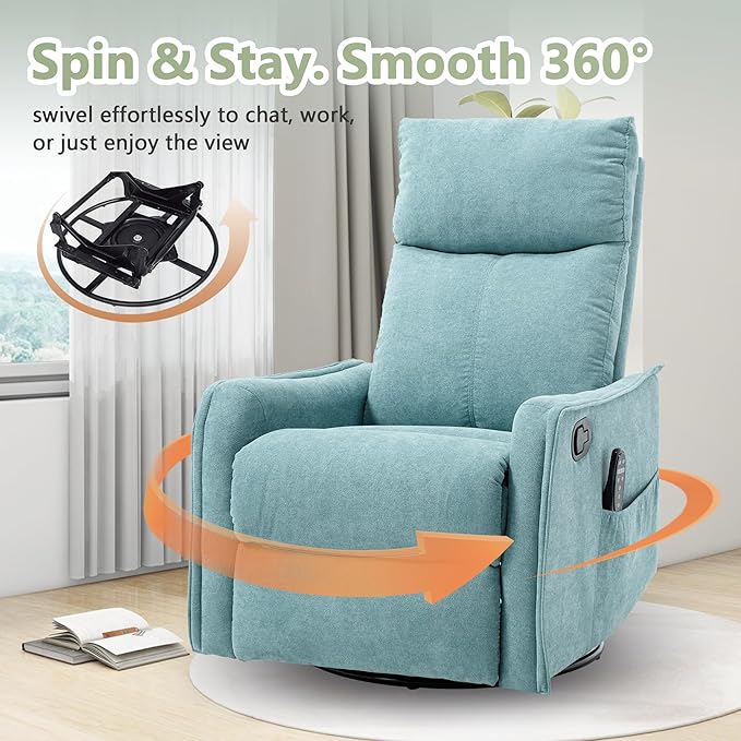 cinkehome Swivel Rocker Recliner Glider Rocker Recliner Chair for Nursery Manual Reclining Chair with Heated Massage Small Spaces Living Room Linen Light Blue