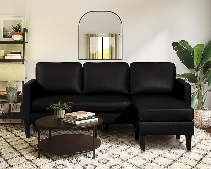 Faux Leather Sectional Couch L Shaped Sofa with 3 Seater Couch and Reversible Chaise Convertible PU Leather Comfy Couches for Living Room (Black)