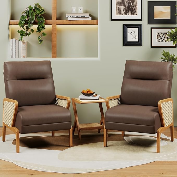 Alunaune Upholstered Living Room Chairs Accent Chair Armchair Set of 2 Natural Rattan Faux Leather Slipper Club Chair Guest Reception Couch Comfy Single Sofa for Reading Bedroom-Brown