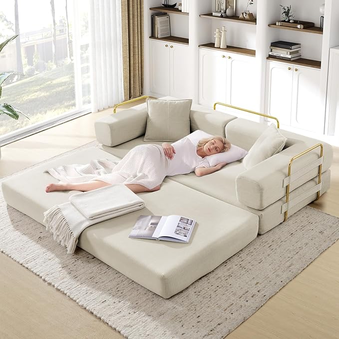 Convertible Folding Sofa Bed Corduroy Sleeper Mattress Couch with Fixed-Shape Frame Free Combination Loveseat Lounge Floor Sofa Queen Size Memory Foam Couch for Living Room Bedroom Beige