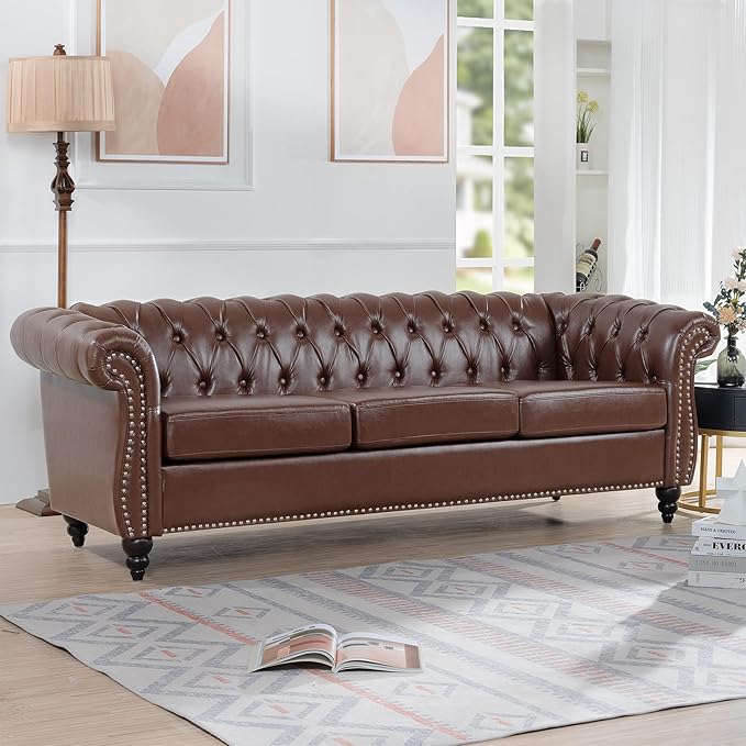 GDFStudio 85 Tufted Button Chesterfield Sofa with Deep Seat Cushions Rolled Arms &amp Gold Accent Strip 3-Seater Midcentury Modern Sofa for Living Room Classic Couch Furniture Dark Brown + PU