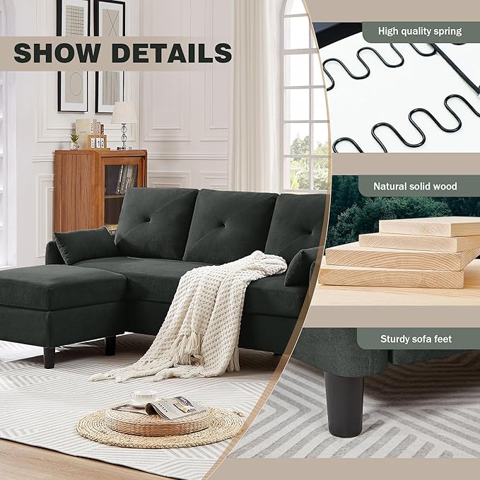 77 Convertible Sectional Sofa Couch Modern 3-Seat L-Shaped Couch with Reversible Ottoman and Storage Pocket Small Sectional Couches for Living Room Apartment and Small Spaces Black