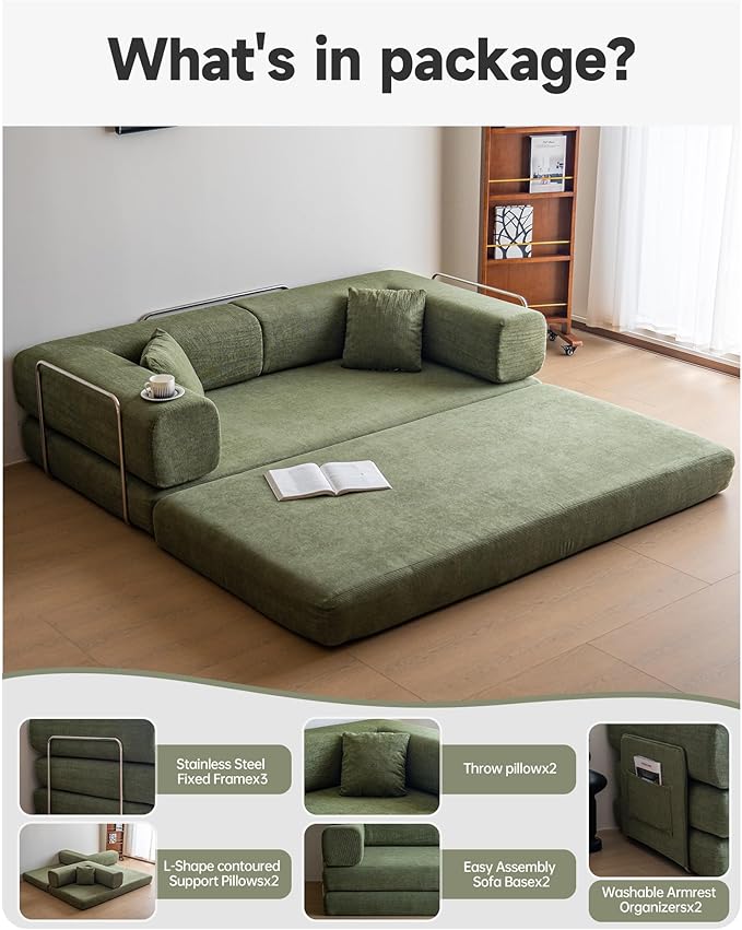 No Assembly Convertible Sofa Bed &amp 79 Boneless Couch with Pocket  5-in-1 Futon Sofa Bed with 2 Pillows Modular Pull Out Couch Bed with FrameCompression in Box for Living Room Small Spaces Green