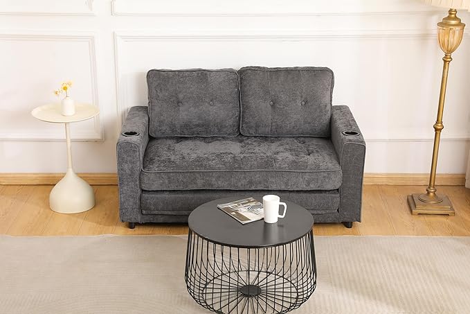 ERYE Foldable Loveseat Sofa Convertible Pull Out Sleeper Sofabed2 Seat Tufted Upholstered Sofa Modern Convertible Sleeper Couch Bed with Cupholders and Side Pockets