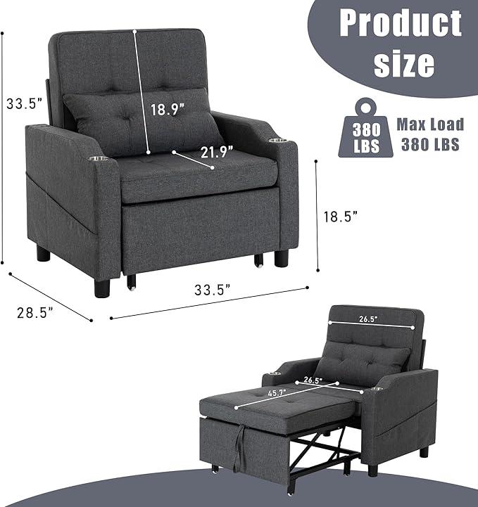 Sleeper ChairSingle Armchair Sofa with PillowAdjustable Backrest Recliner Sofa Modern Pull Out Couch Bed with USB Port Cup Holder Side Pocket for Living Room Bedroom(Dark Grey)