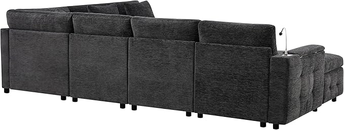 117 * 90'' Modular Sectional Pull-Out Sofa Bed with Flip-up Table Panel Reading Lamp Charging Ports Storage Ottoman 6 Pillows Chenille Oversize &amp Free Combination Couch (Black-10.5)