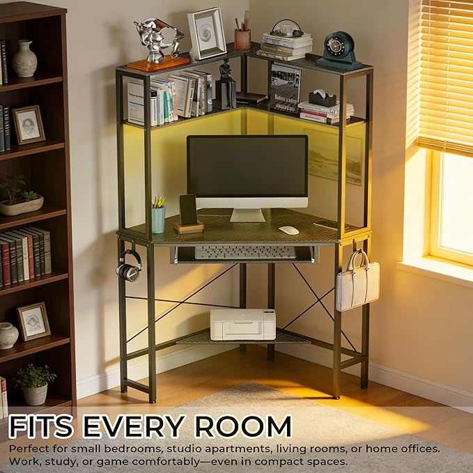 Corner Desk with Hutch and LED Lights Corner Computer Desk with Keyboard Tray and Monitor Stand Small Computer Desk for Small Spaces Home Office（Carbon Black）