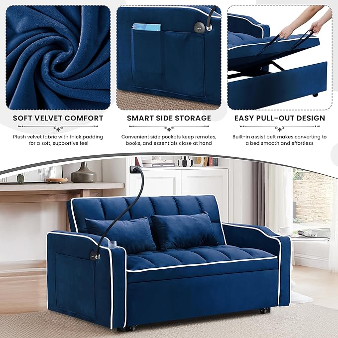 TTK 3-in-1 Convertible Velvet Sleeper Sofa Bed Pull-Out Loveseat with Adjustable Backrest USB Port &amp 2 Pillows Swivel Phone Stand &amp Storage Pockets Modern Futon Couch for Living Room Blue