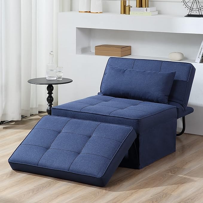 BIGSYY Sofa Bed Set of 4 in 1 Multi-Function Folding Ottoman Breathable Linen Couch Bed with Adjustable Backrest Modern Convertible Chair for Living Room Apartment Office Blue