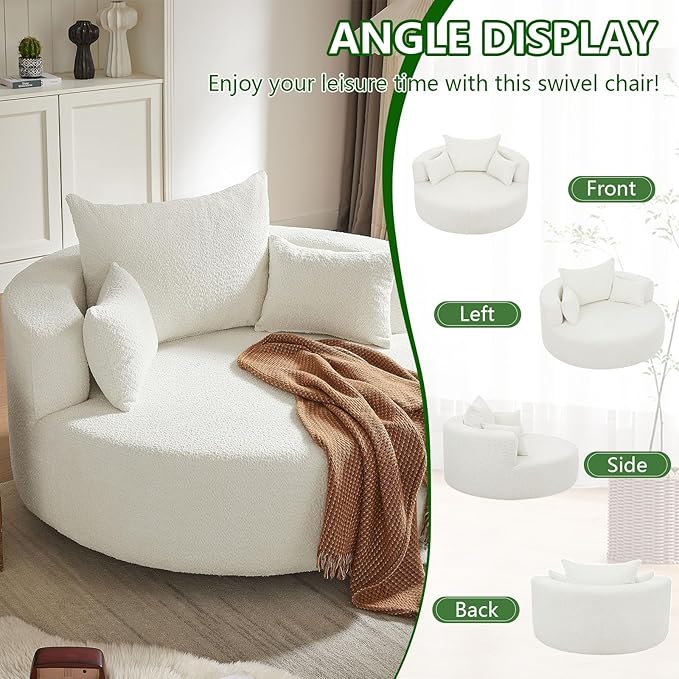 55.1 W Oversized Swivel Accent Chair Large 360° Rotating Barrel Chair with 6 Pillows Comfy Chenille Round Swivel Armchair for Living Room Bedroom Beige