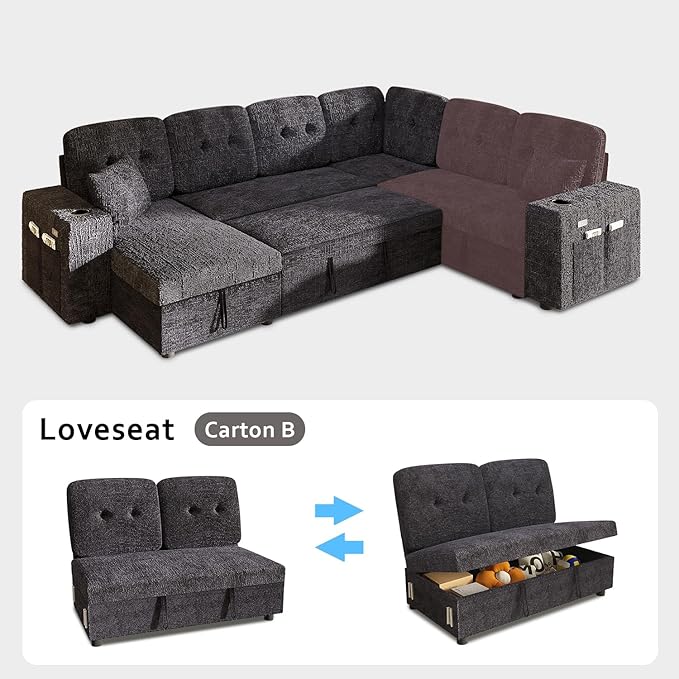 Loveseat with Storage for Modular Sectional Sleeper Sofa Bed with Adjustable Backrest Premium Textured Chenille Easy to Assemble Dark Blue