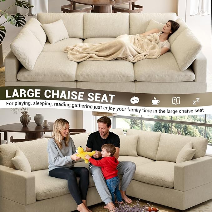 Modular Cloud Sectional Couches for Living Room95.4 L-Shape Couch with Chaise Ottoman3 Seater Down Filled SofaDetachable Couch Cushion CoversBeige