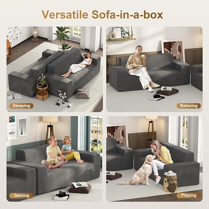 Vivvadecor 79 Corduroy Floor Foam Sofa Sofa-in-a-Box Modern 3-Seater Couch with 24 Deep Seat No Assembly Needed Sofas for Compact Living Room Apartment Home Office Deep Gray