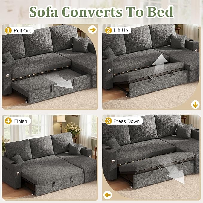 82 Inch L-Shape Sectional Couch 4-in-1 Multifunctional Pull-Out Couch Sleeper Sofa with Storage Chaise Charging Station Cup Holder for Living Room/Office/Apartment (Dark Gray)