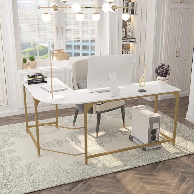 Teraves Reversible L Shaped Desk White - 57.9 Corner Gaming Computer Desk Office Workstation Modern Home Study Writing Wooden Table
