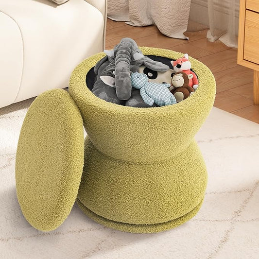 Round Ottoman with Storage 360°Swivel Vanity Stool Chiar with Wooden Frame Small Makeup Chair Comfy Foot Stool with Thick Padded for Living Room Bedroom Entryway