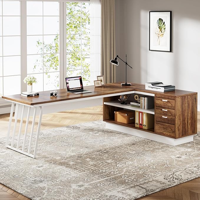 Tribesigns 71-Inch Executive Desk L-Shaped Desk with Cabinet Large Office Desk with Drawers and Storage Shelves Writing Table Computer Desk for Home Office Brown and White