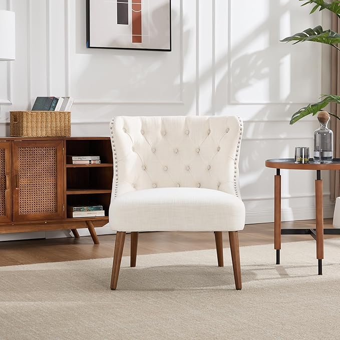 Kmax Accent Chair Slipper Chair with Button Tufted Wingback Armless Living Room Chair with Nails Decorative Modern Side Chair for Bedroom Reception Office Small Space - Linen Beige Walnut Legs