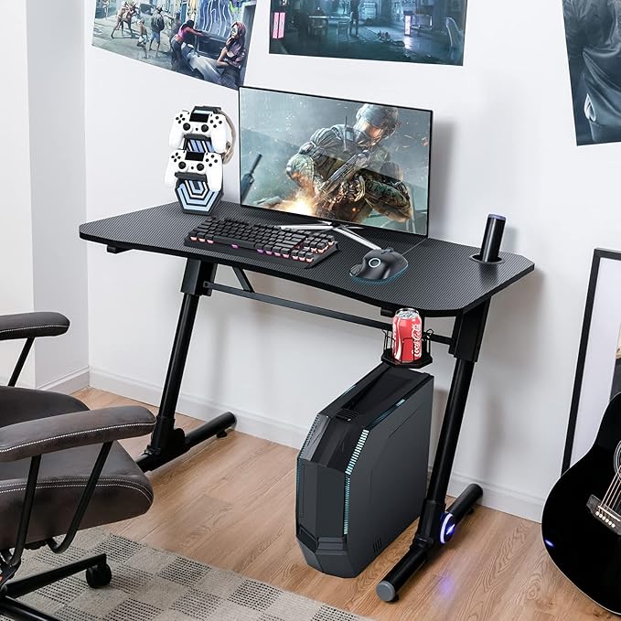 Tangkula Gaming Desk Height Adjustable Computer Desk w/Blue LED Lights Gaming Handle Rack &amp Cup Holder Z-Shaped Ergonomic Home Office Gamer Desk w/Carbon Fiber Texture (Black)