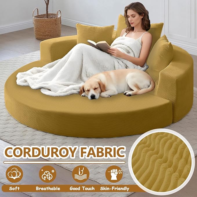 67'' Circular Convertible Compressed Sofa Bed Yellow Corduroy Floor Lounge Round Boneless Couch Loveseat Sleeper Sofa Couch with 3 Cushions No Assembly for Apartment Bedroom