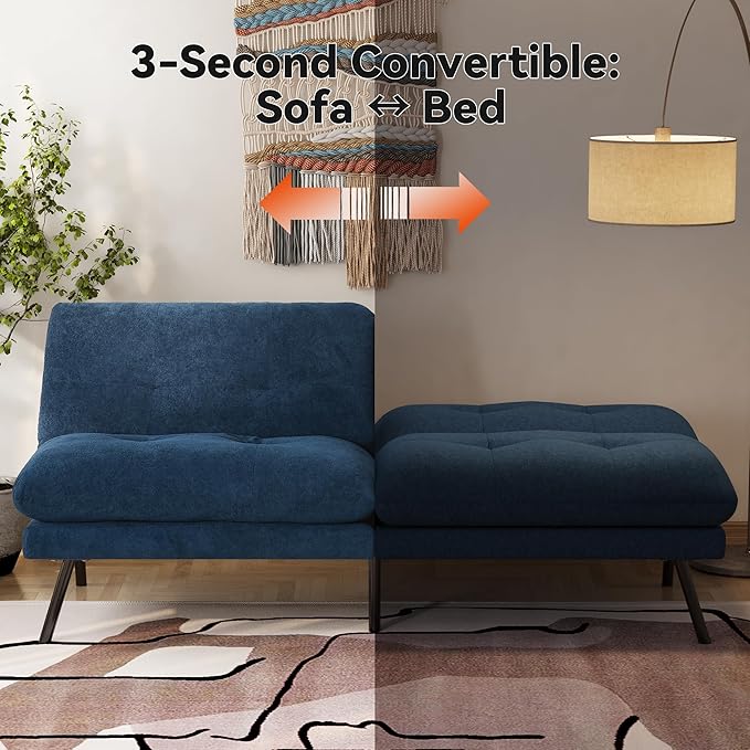 71 Convertible Futon Sofa Bed Blue Futon Couch with Adjustable Backrest Folding Small Recliner Sleeper Sofa Bed for Living Room Apartment Office
