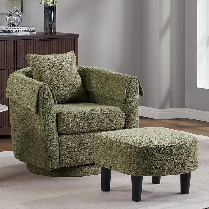 Green Swivel Accent Chair with Ottoman 360° Barrel Chairs with Foot Stool Comfy Reading Chair with Removable Pillow &amp 2 Armrest Covers for Living Room Small Spaces Bedroom Chenille Fabric (Gree