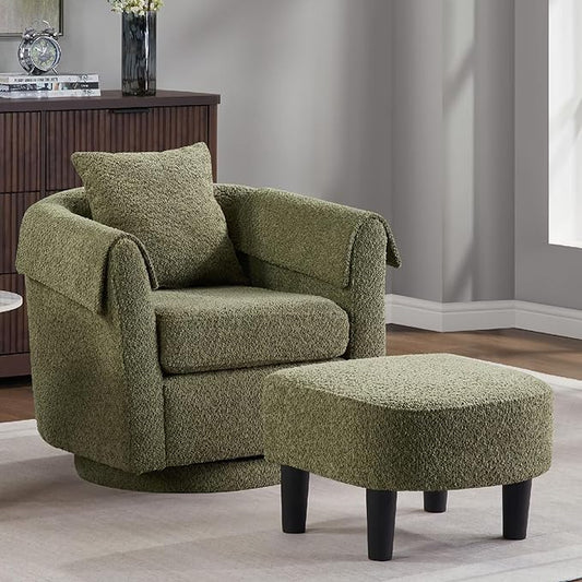 Green Swivel Accent Chair with Ottoman 360° Barrel Chairs with Foot Stool Comfy Reading Chair with Removable Pillow &amp 2 Armrest Covers for Living Room Small Spaces Bedroom Chenille Fabric (Gree