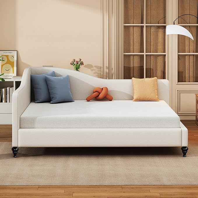 Merax Full Size Bed Frame daybed L-Shaped Linen Daybed Corner Sofa with Solid Wood Legs for Living Room Guest Room No Box Spring Needed Beige
