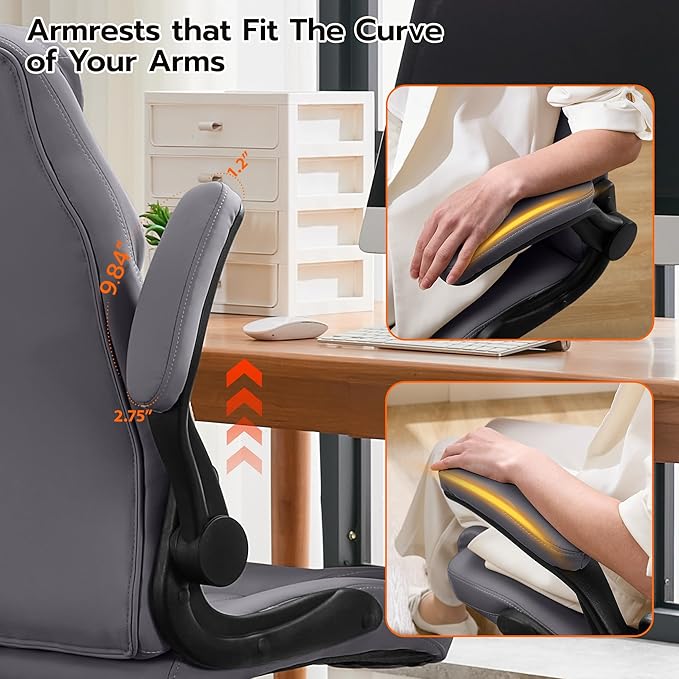 Office Desk Chair Ergonomic Computer Chair with Padded Flip-Up Arms and Adjustable Lumbar Support PU Leather Executive Chair with Tilt Lock and 360° Swivel Rolling Wheels for Work Study