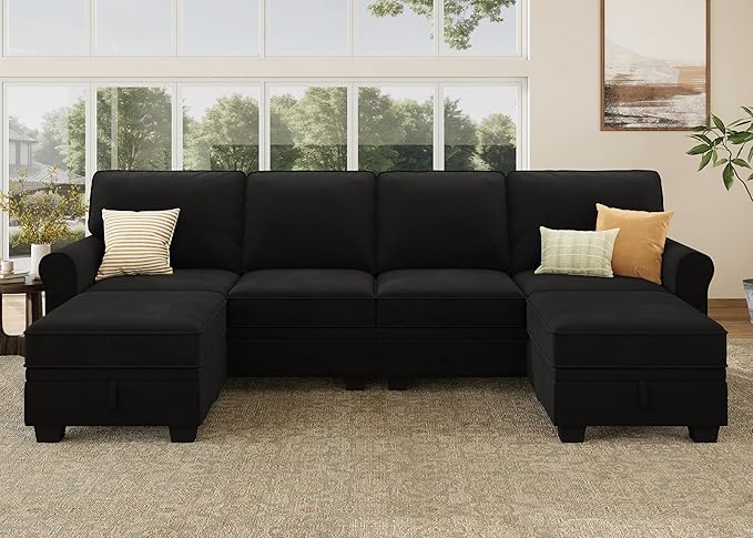 HONBAY Convertible Sectional Sofa with Storage U Shaped Sectional Couch with Reversible Chaise Small Sectional Couches for Living RoomMid Black