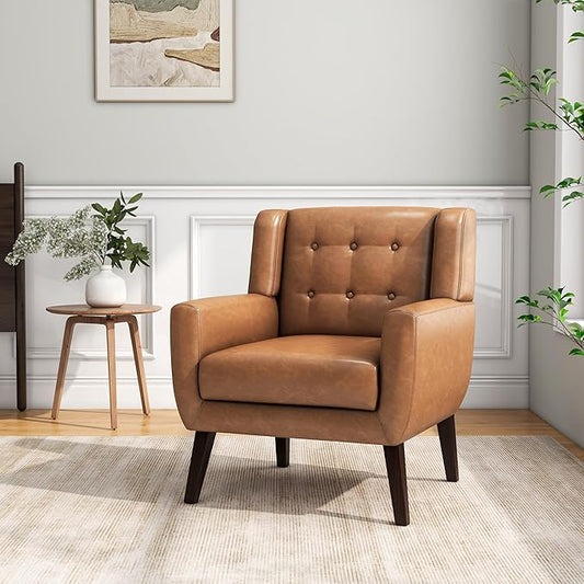 Accent Chair Mid-Century Modern PU Leather Chairs with Arms for Living Room Comfy Upholstered Club Single Sofa Armchair for Bedroom Waiting Room with Solid Wood Frame（Leather Brown Set of 1)