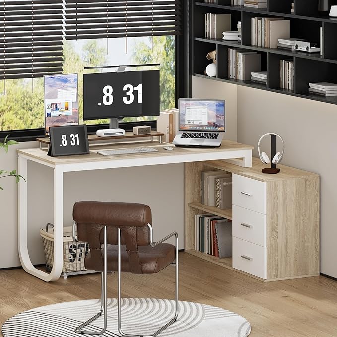 WOODTIME Walnut and White L Shaped Office Desk with 3 Drawers &amp 2 Shelves 55 Inch Reversible Corner Computer Desk Home Office Executive Writing Sturdy Desk with Metal Legs
