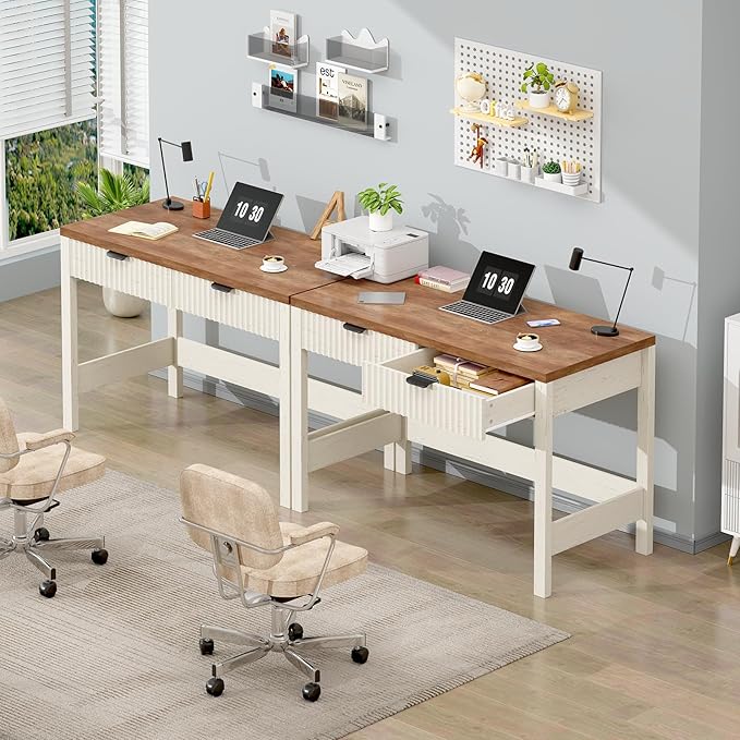 Fluted Computer Desk with 2 Drawers 39 Inch Small Computer Desk with Storage Compact Writing Study Vanity Desk for Small Spaces Antique White
