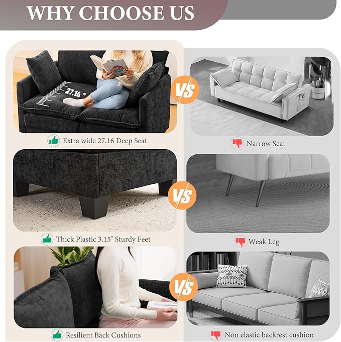 50 Loveseat Sofa with Ottoman| Chenille L Shape Love Seat Couch with 2 Pillows | 27.16 Deep Seat for Small Spaces Bedroom Dorm Apartment | Black