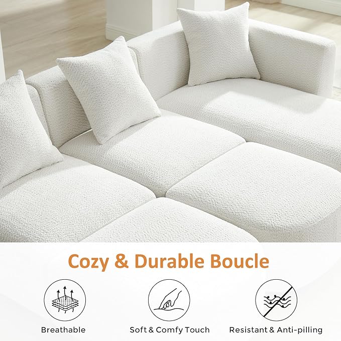 VANOMi 109.84 Modular Sectional Sofa with 3 Pillows Convertible 5-Seater Comfy Boucle Cloud Couch with Ottoman Modern Sectional Sofas for Living Room Office Apartment (White)