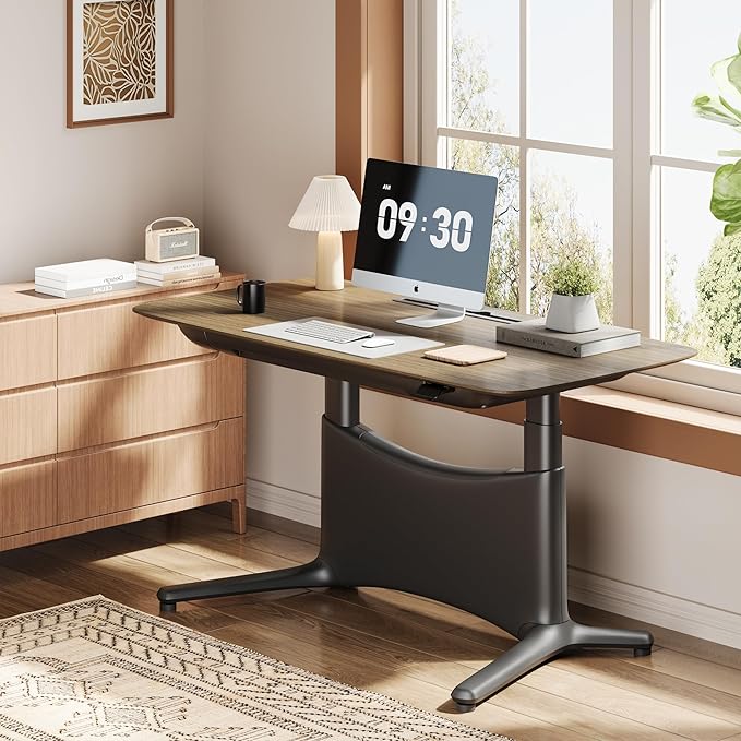 COLAMY Electric Standing Desk 55x28 Inch Wobble-Free Dual Motor Sit Stand Up Home Office Computer Desk One Piece Motorized Workstation Gamer Studio Table Outlets &amp FootrestWalnut Black