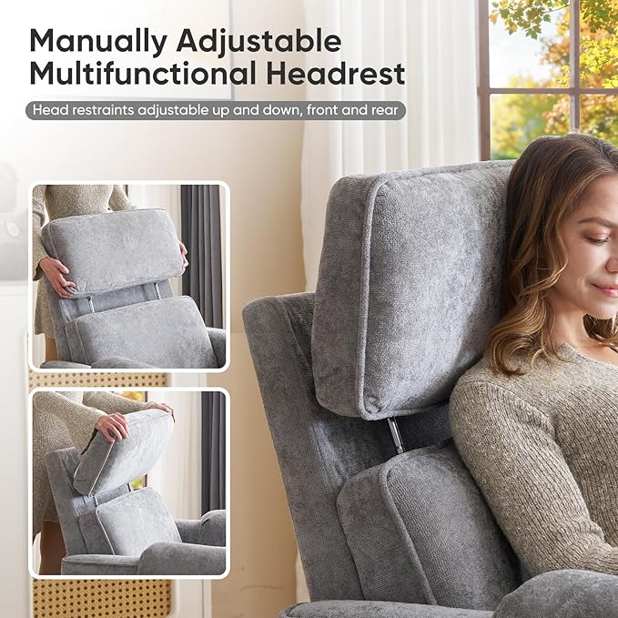 Oversized Power Recliner Chair 26 Extra Wide Swivel Rocker Recliner with Adjustable Headrest Chenille Glider Rocking Nursery Chair with Overstuffed Armrest USB Ports Grey