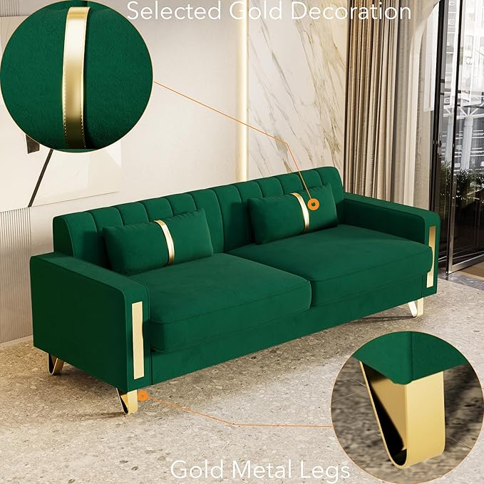 85.63 Modern Green Velvet Sofa with Gold Metal Legs Large Upholstered Comfy 3 Seater Couches for Living Room Bedroom Office (Green)