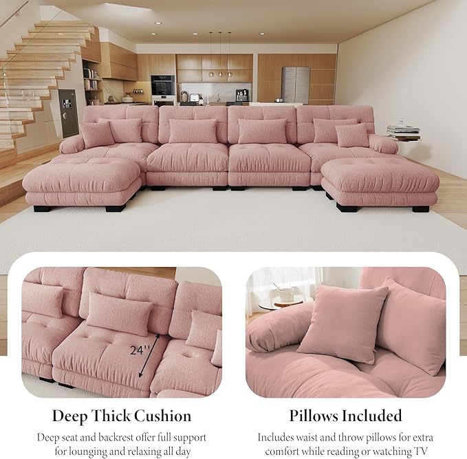 133.8 Oversized Modular Sectional Sofa 3 Seater Pink Large Sectional Couches for Living Room Chenille Fabric Sofa Set Cloud Couches with Ottoman Deep Seat Modern Sofas para Sala U Shaped