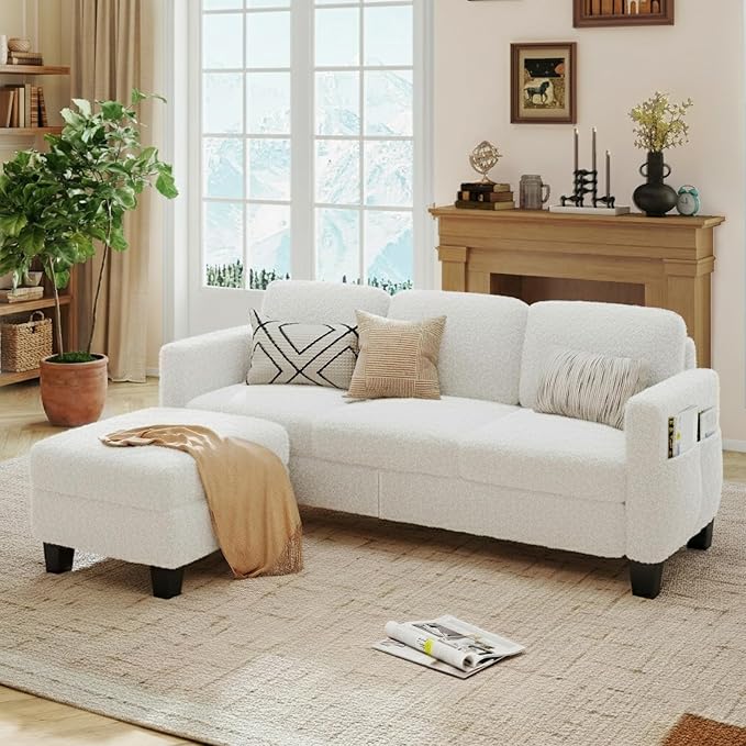 L-Shaped Sectional Sofa with Reversible Chaise Modern Boucle Upholstered Couch with Spring Cushions Comfortable Corner Sofa for Living Room Apartment &amp Small Space