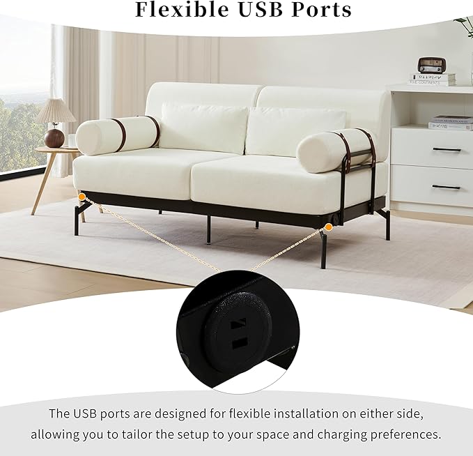 Ball &amp Cast Futon Sofa with Flexible USB Ports Modern Loveseat Sofa Couch 2-Seater Sofa with Unique Cylindrical Armrestsfor Small Spaces Living Room or Office Corduroy Futons Sofas (White)