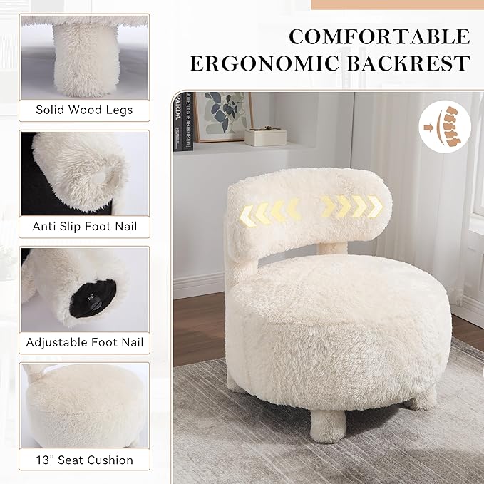 Upholstered Armless Chairs Modern Fur Accent Chair Cute Furry Chairs with Curved Backrest and Solid Wooden Legs for Living Room Bedroom Reading Room White
